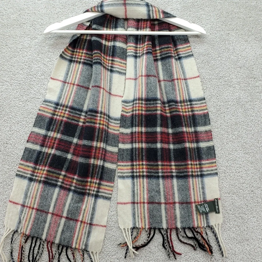 Eddie Bauer Scarf Unisex OS Cream Plaid  Cashmere Wool Blend Fringe‎ Cabincore